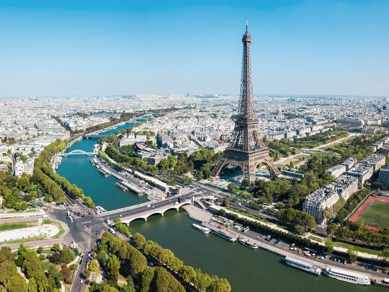 Aerial view of Paris with the Eiffel Tower and the Seine