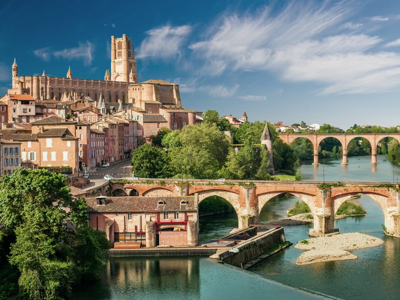 Albi's brick cathedral above the Tarn and the Pont Vieux